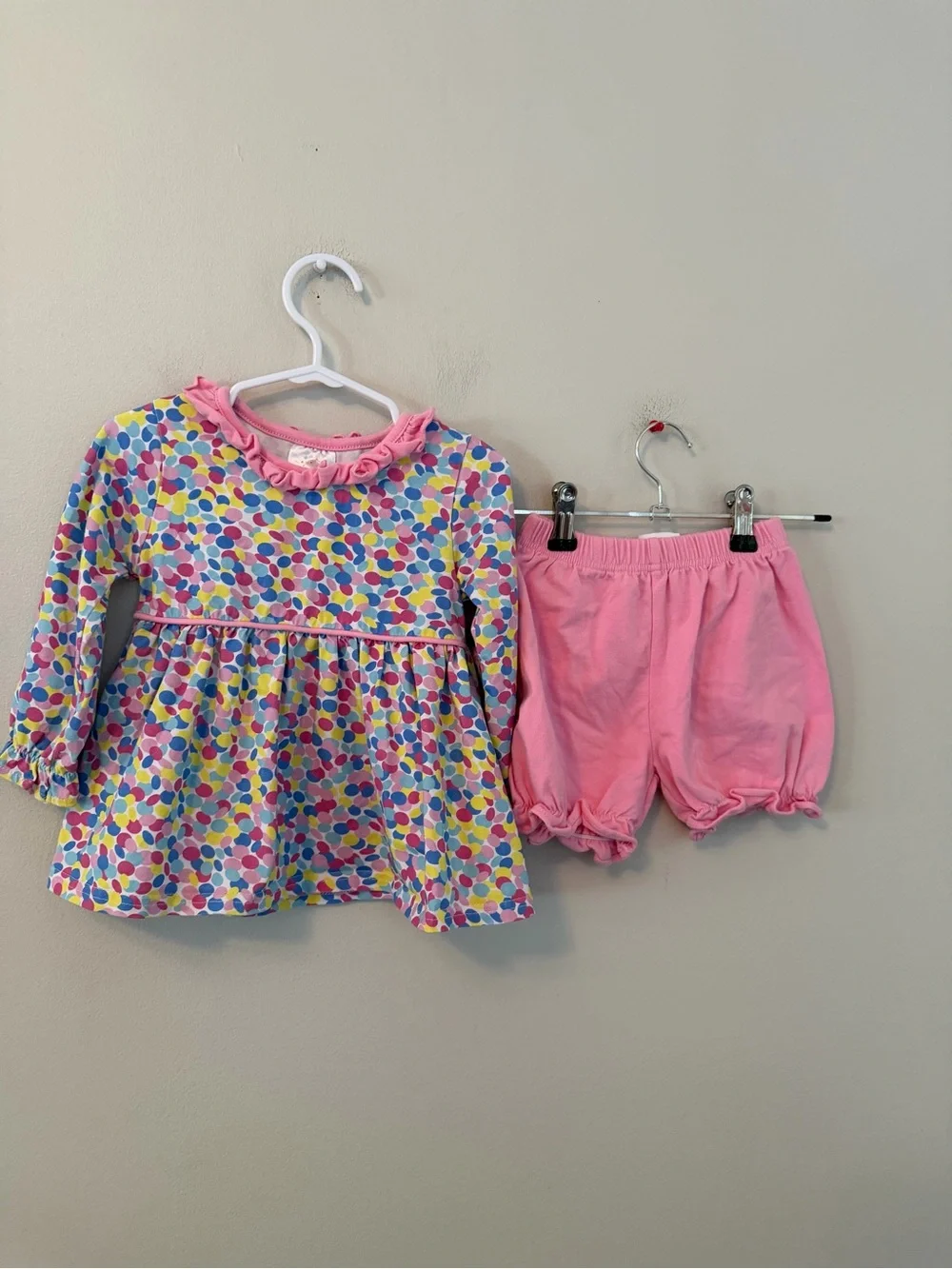 Stitchy Fish Pink Multicolor Dot Dress & Bloomers Set